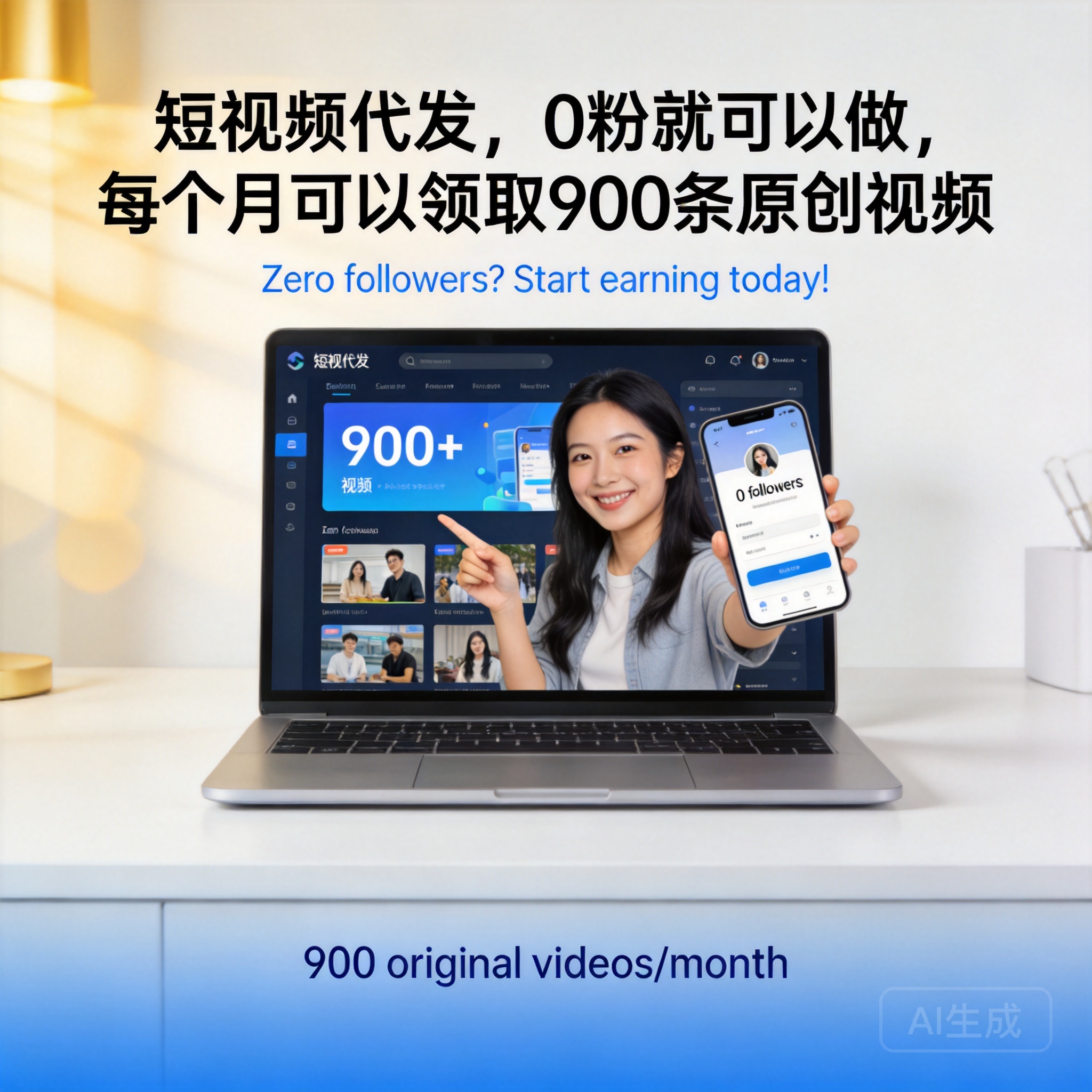 短视频代发,0粉就可以做,每个月可以领取900条原创视频