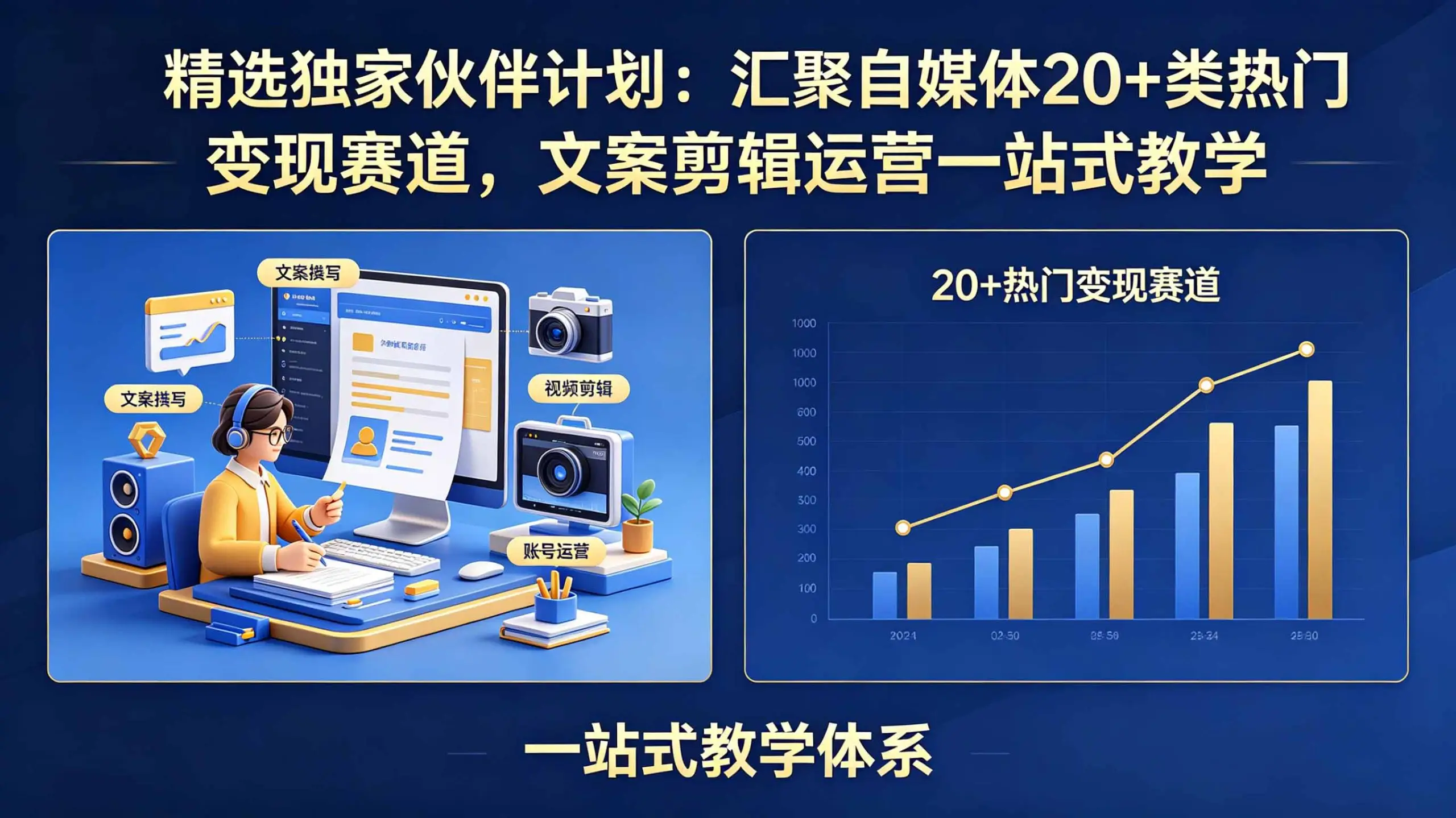 精选独家伙伴计划：汇聚自媒体20+类热门变现赛道，文案剪辑运营一站式教学选优云网创选优云网创