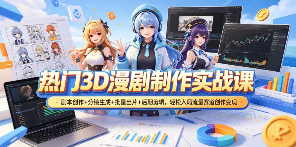 热门3D漫剧制作实战课,剧本创作+分镜生成+批量出片+后期剪辑,轻松入局流量赛道创作变现选优云网创选优云网创