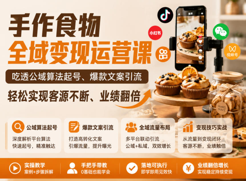 手作食物全域变现运营课，吃透公域算法起号、爆款文案引流，轻松实现客源不断、业绩翻倍选优云网创选优云网创