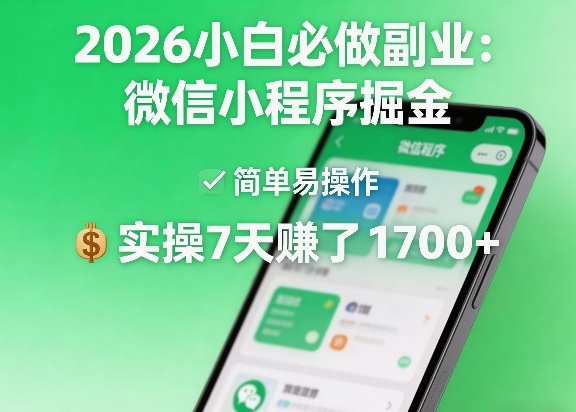 2026小白必做副业:微信小程序掘金,简单易操作,实操7天賺了1700+【揭秘】选优云网创选优云网创