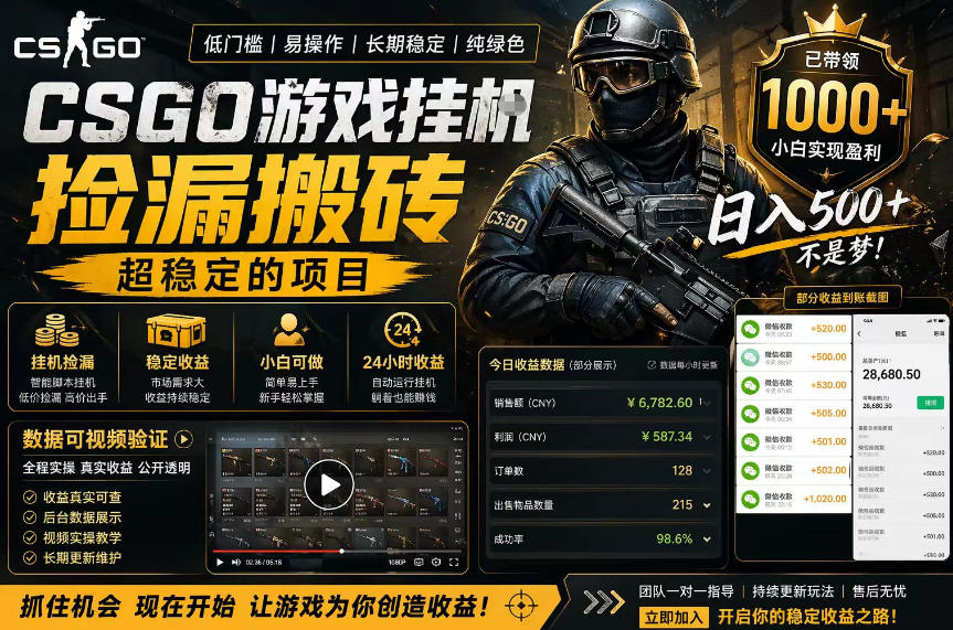 CSGO游戏搬砖,全自动挂G,不需要玩游戏,手机操作日入300+,解放双手【揭秘】选优云网创选优云网创