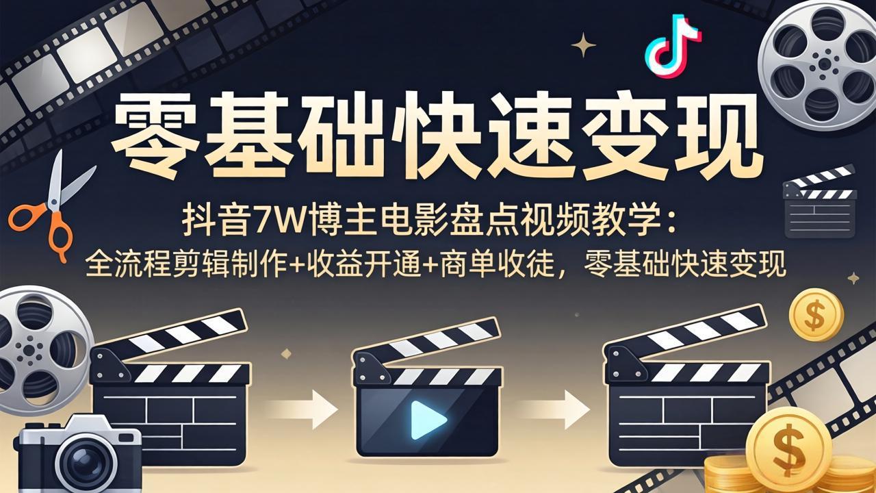 抖音7W博主电影盘点视频教学:全流程剪辑制作+收益开通+商单收徒,零基础快速变现选优云网创选优云网创
