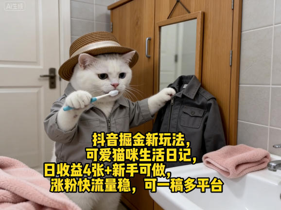 抖音掘金新玩法,可爱猫咪生活日记,日收益4张+新手可做,涨粉快流量稳,可一稿多平台选优云网创选优云网创