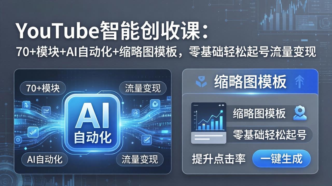 YouTube智能创收课:70+模块+AI自动化+缩略图模板,零基础轻松起号流量变现选优云网创选优云网创