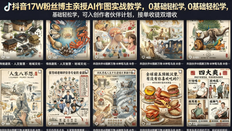 抖音17W粉丝博主亲授AI作图实战教学，0基础轻松学，可入创作者伙伴计划，接单收徒双增收选优云网创选优云网创
