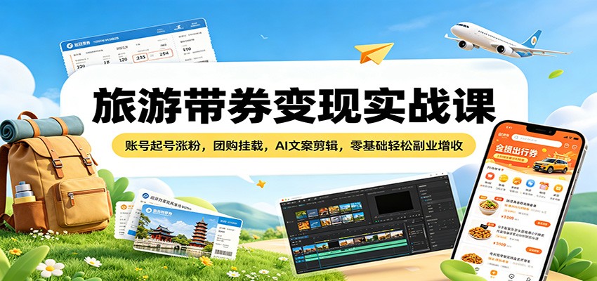 旅游带券变现实战课：账号起号涨粉，团购挂载，AI文案剪辑，零基础轻松副业增收选优云网创选优云网创