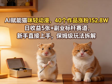 AI赋能猫咪轻动漫,40个作品涨粉152.8W,日收益5张+副业标杆赛道,新手直接上手,保姆级玩法拆解选优云网创选优云网创