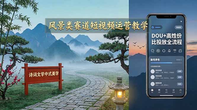 风景类赛道短视频运营教学:诗词文学中式美学,新号养号对标账号定位,DOU+高性价比投放全流程选优云网创选优云网创