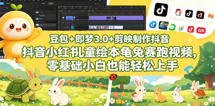 豆包+即梦3.0+剪映制作抖音小红书儿童绘本龟兔赛跑视频,零基础小白也能轻松上手选优云网创选优云网创