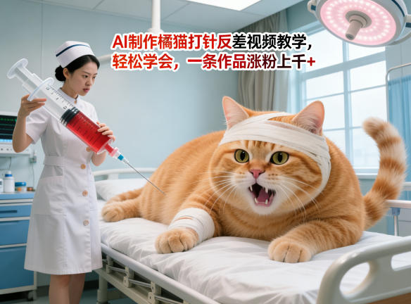 AI制作橘猫打针反差视频教学,轻松学会,一条作品涨粉上千+选优云网创选优云网创