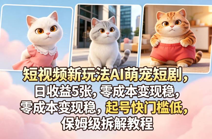 短视频新玩法AI萌宠短剧，日收益5张，零成本变现稳，起号快门槛低，保姆级拆解教程选优云网创选优云网创