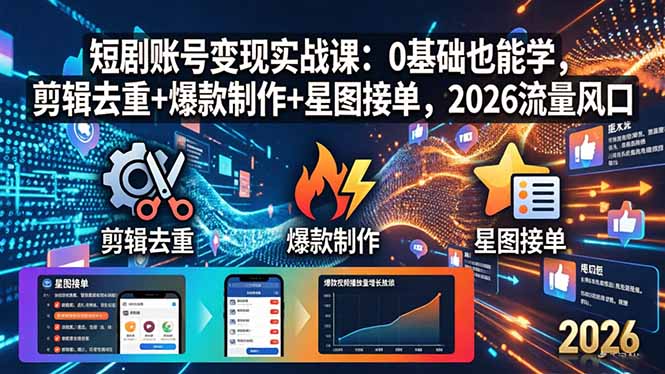 短剧账号变现实战课：0基础也能学，剪辑去重+爆款制作+星图接单，2026流量风口选优云网创选优云网创