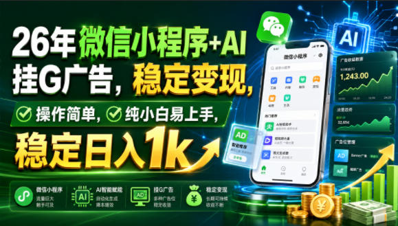 26年微信小程序+AI挂G广告，稳定变现，操作简单选优云网创选优云网创