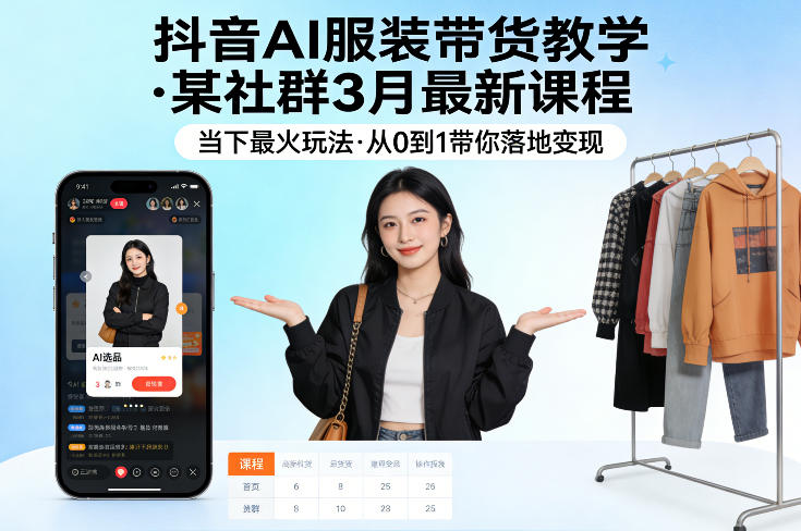 抖音AI服装带货教学,某社群3月最新课程,当下最火玩法,从0到1带你落地变现选优云网创选优云网创