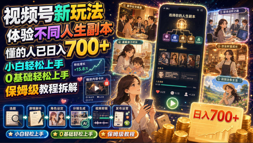 视频号新玩法体验不同人生副本，懂的人已日入700+，小白轻松上手，0基础轻松上手，保姆级教程拆解选优云网创选优云网创