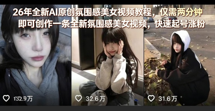 26年全新AI原创氛围感美女视频教程,仅需两分钟即可创作一条全新氛围感美女视频,快速起号涨粉选优云网创选优云网创