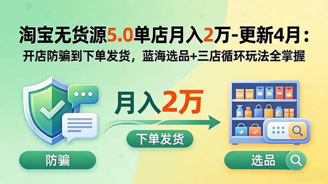 淘宝无货源5.0单店月入2万-更新5月:开店防骗到下单发货,蓝海选品+三店循环玩法全掌握选优云网创选优云网创