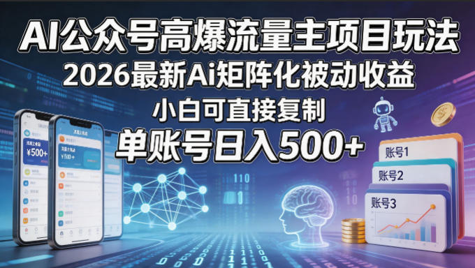 AI公众号高爆流量主项目玩法，2026最新Ai矩阵化被动收益，小白可直接复制，单账号日入500+选优云网创选优云网创