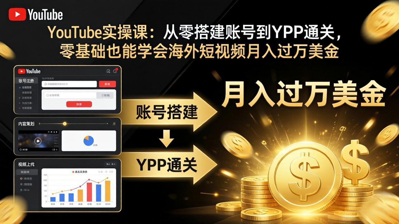 YouTube实操课：从零搭建账号到YPP通关，零基础也能学会海外短视频月入过万美金选优云网创选优云网创