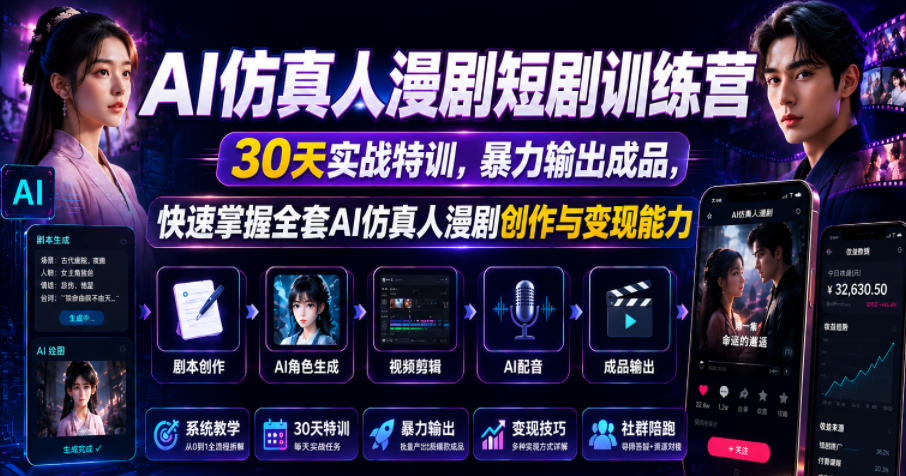 AI仿真人漫剧短剧训练营，30天实战特训，暴力输出成品，快速掌握全套AI仿真人漫剧创作与变现能力选优云网创选优云网创
