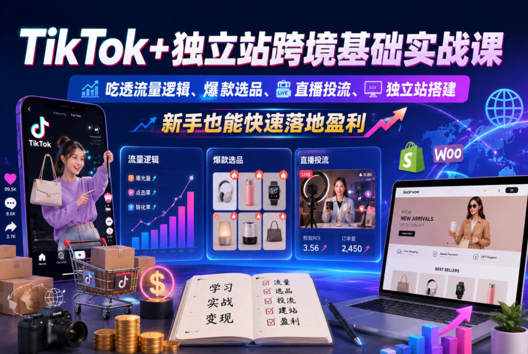 TikTok+独立站跨境基础实战课,吃透流量逻辑、爆款选品、直播投流与独立站搭建,新手也能快速落地盈利选优云网创选优云网创