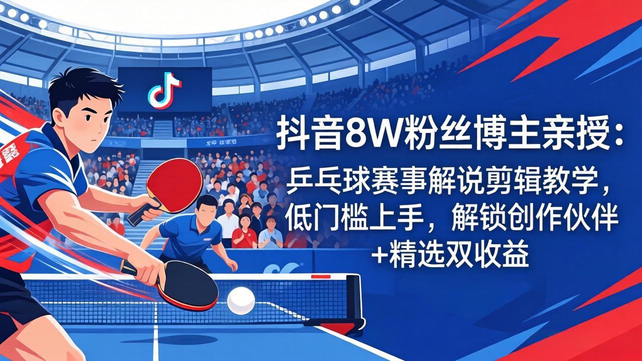 抖音8W粉丝博主亲授:乒乓球赛事解说剪辑教学,低门槛上手,解锁创作伙伴+精选双收益选优云网创选优云网创