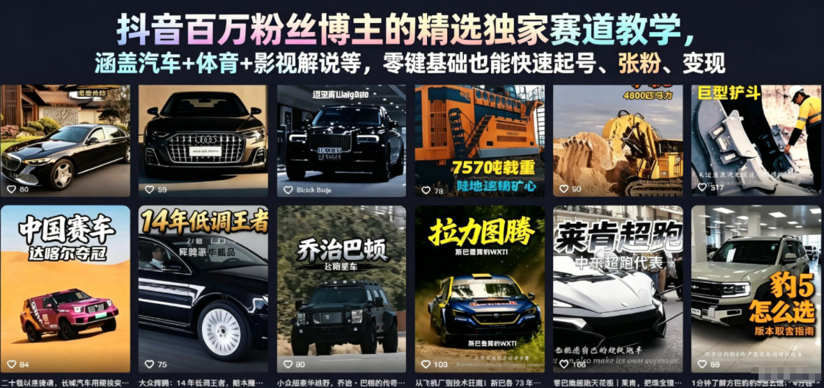 抖音百万粉丝博主的精选独家赛道教学，涵盖汽车+体育+影视解说等，零基础也能快速起号、涨粉、变现选优云网创选优云网创