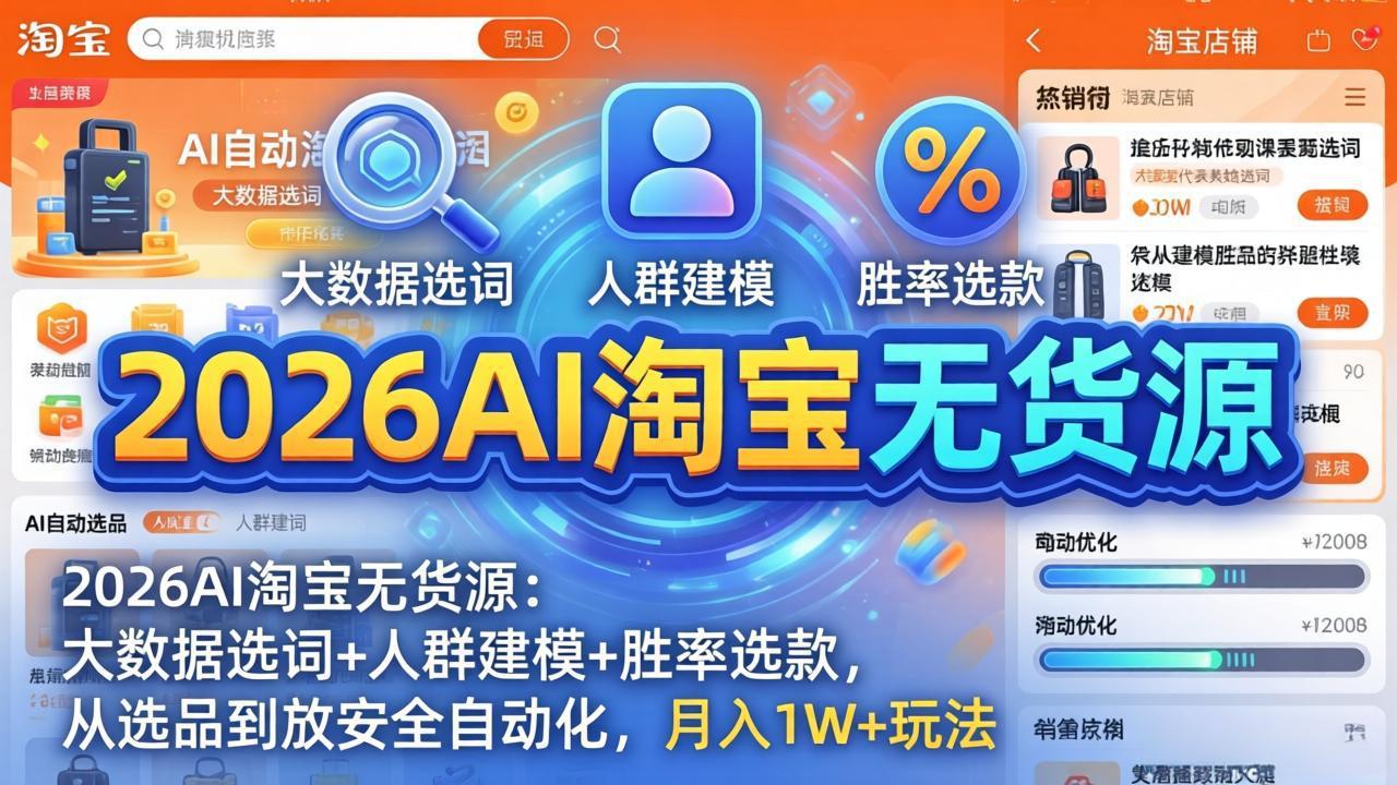 2026AI淘宝无货源-4月更新:大数据选词+人群建模+胜率选款,从选品到放大全自动化,月入1W+玩法选优云网创选优云网创
