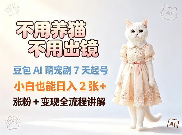 不用养猫不用出镜,豆包AI萌宠剧7天起号,小白也能日入2张+,涨粉+变现全流程讲解选优云网创选优云网创