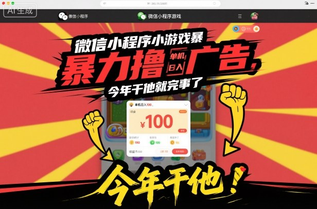 微信小程序小游戏暴力撸广告,单机日入100,今年干他就完事了选优云网创选优云网创