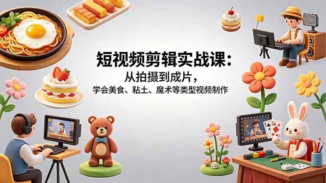 短视频剪辑实战课:从拍摄到成片,学会美食、粘土、魔术等类型视频制作选优云网创选优云网创