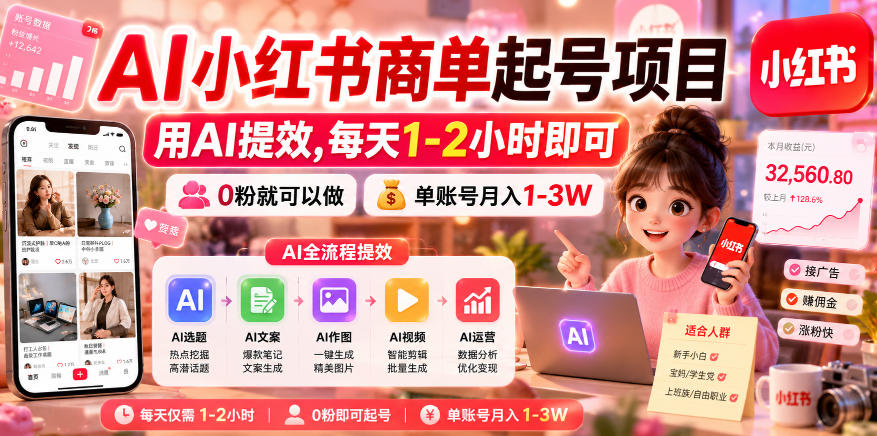 AI小红书商单起号项目,用AI提效,每天1-2小时即可,0粉就可以做,单账号月入1-3W选优云网创选优云网创