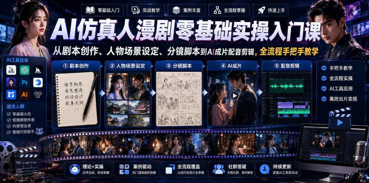 AI仿真人漫剧零基础实操入门课,从剧本创作、人物场景设定、分镜脚本到AI成片配音剪辑,全流程手把手教学选优云网创选优云网创