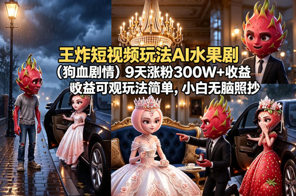 王炸短视频玩法AI水果剧(狗血剧情)9天涨粉300W+收益可观玩法简单,小白无脑照抄,详细拆解玩法选优云网创选优云网创
