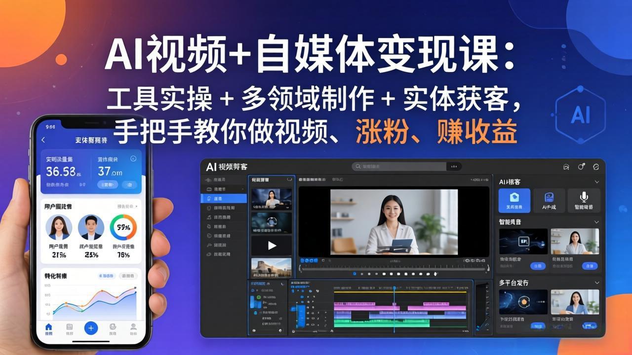 AI视频+自媒体变现课:工具实操 + 多领域制作 + 实体获客,手把手教你做视频、涨粉、赚收益选优云网创选优云网创