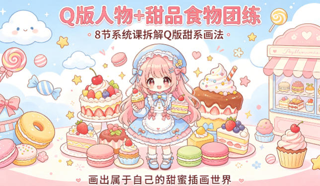 Q版人物+甜品食物团练,8节系统课拆解Q版甜系画法,画出属于自己的甜蜜插画世界选优云网创选优云网创