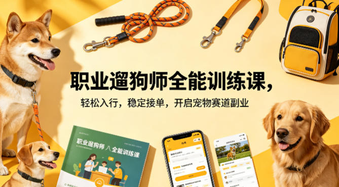 职业遛狗师全能训练课,轻松入行,稳定接单,开启宠物赛道副业选优云网创选优云网创