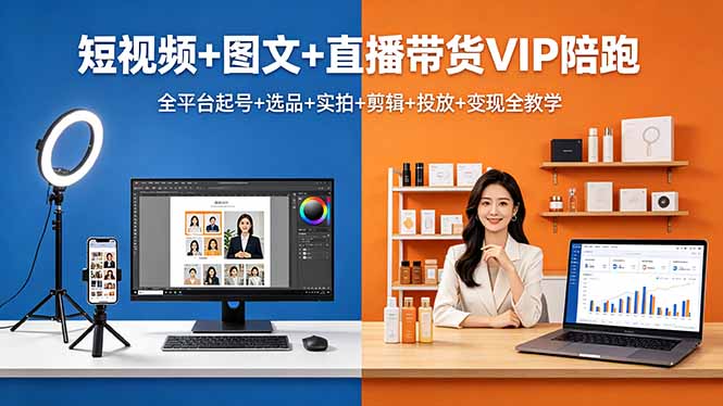 短视频+图文+直播带货VIP陪跑,全平台起号+选品+实拍+剪辑+投放+变现全教学选优云网创选优云网创