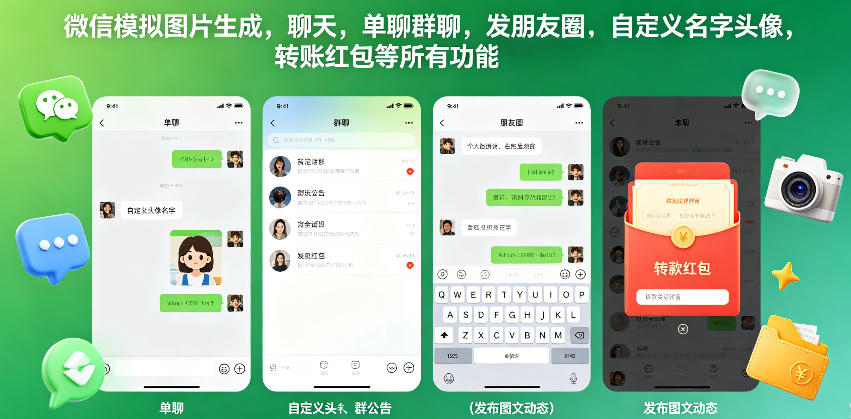 微信模拟图片生成，聊天，单聊群聊，发朋友圈，自定义名字头像，转账红包等所有功能都可以生成选优云网创选优云网创