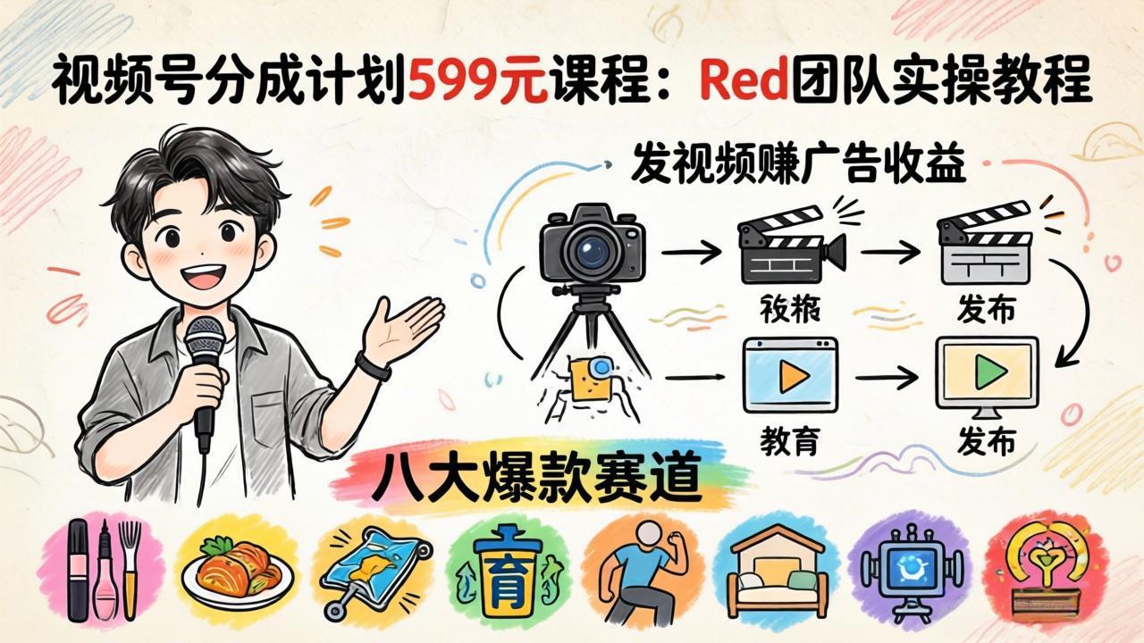 视频号分成计划599元课程:Red团队实操教程,发视频赚广告收益,八大爆款赛道全掌握选优云网创选优云网创