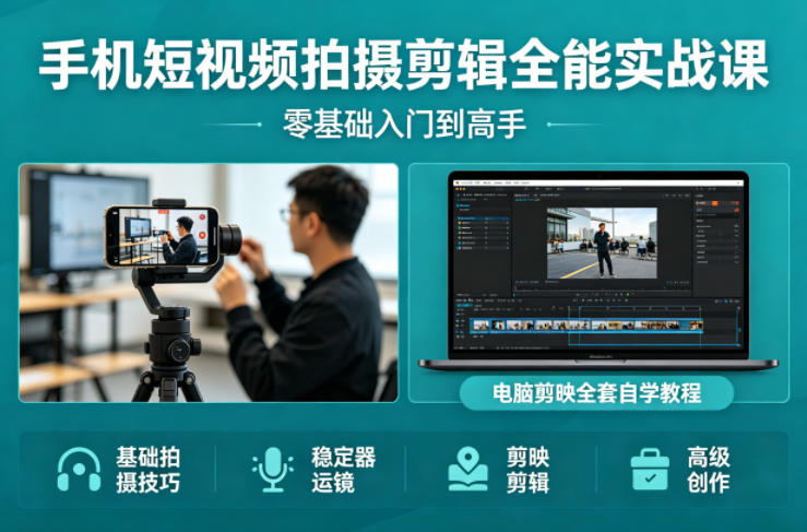 手机短视频拍摄剪辑全能实战课:零基础入门到高手,稳定器运镜+电脑剪映全套自学教程选优云网创选优云网创