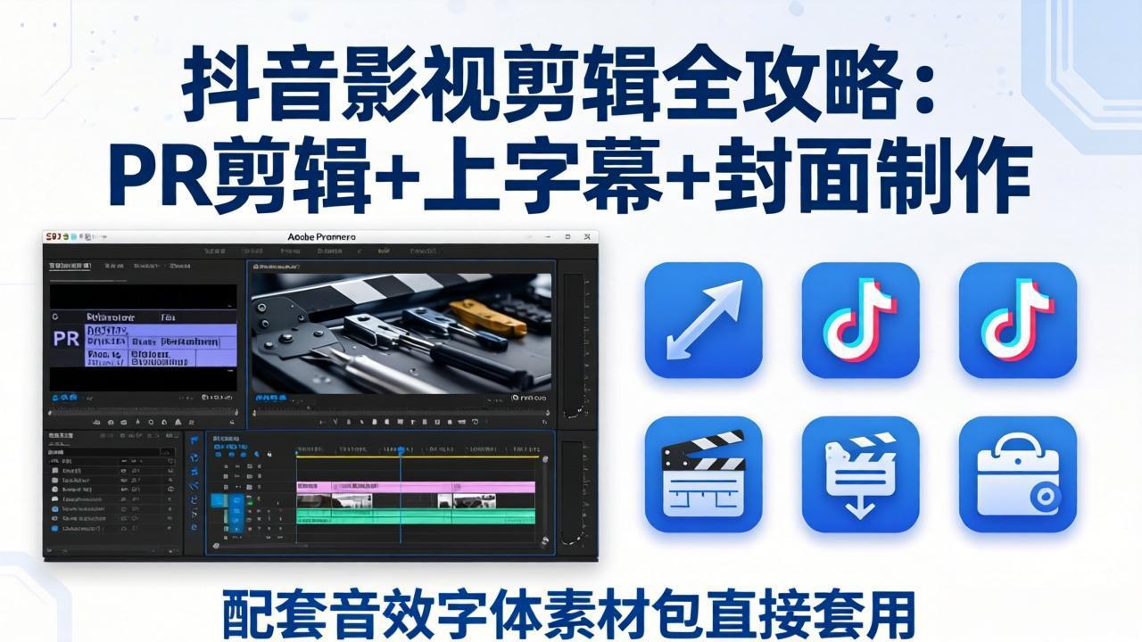 抖音影视剪辑全攻略：PR剪辑+上字幕+封面制作，配套音效字体素材包直接套用选优云网创选优云网创