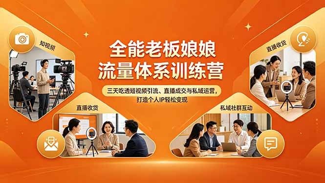 全能老板娘流量体系训练营，三天吃透短视频引流、直播成交与私域运营，打造个人IP轻松变现选优云网创选优云网创